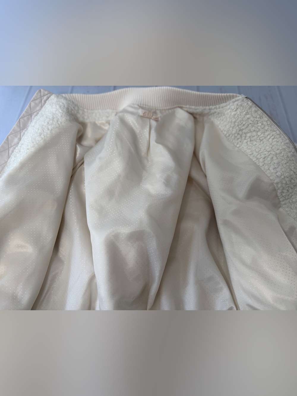 Anthropologie Womens Large Sherpa Jacket Cream Teddy Fleece Cropped Zip Coat - Picture 14 of 14